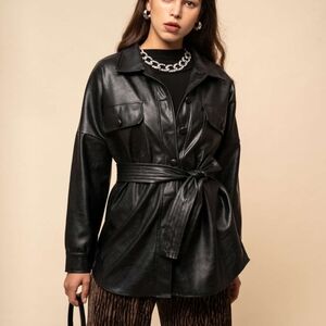 3/50$ ○ CIDER Women's Black Faux Leather Belted Jacket • Size M